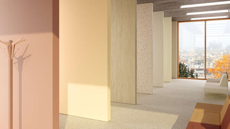 Linha ProtectWALL – Revestimento Vinílico para Parede - Cores (da esquerda para direita): Terracota (264991101); Ochre (264991085); Plywood Natural (264991101); Gemstone Pastel (264991094); Tweed Warm Grey (264991088); Linen (264991100); Concrete Mastic (264991074) – Tarkett