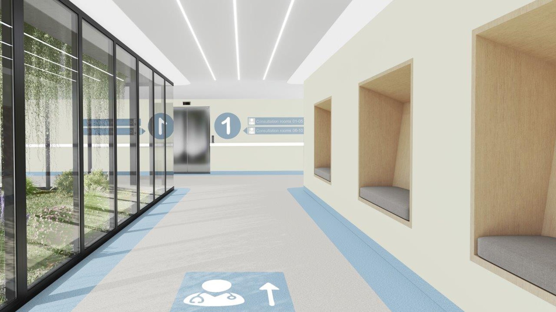 Corredor hospitalar revestido com pisos da linha iQ Granit